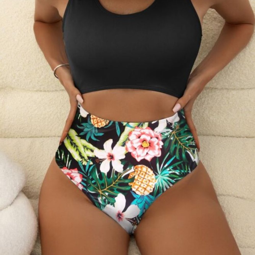 Floral Print Cut-out One Piece Swimsuit  Black